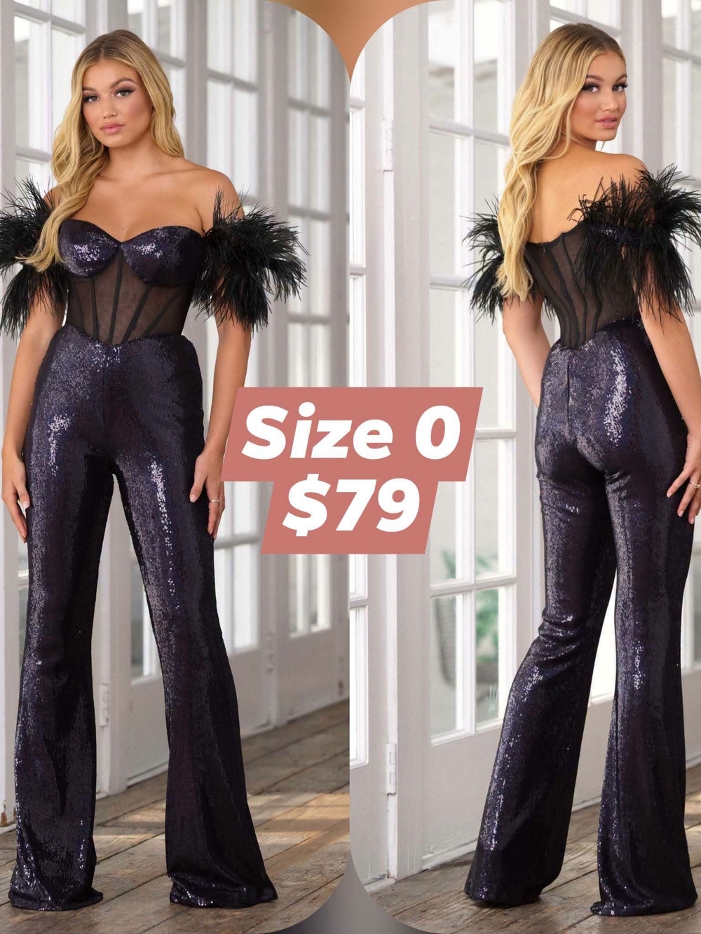 Black Sequin Off-Shoulder Flared Jumpsuit with Feather Trim